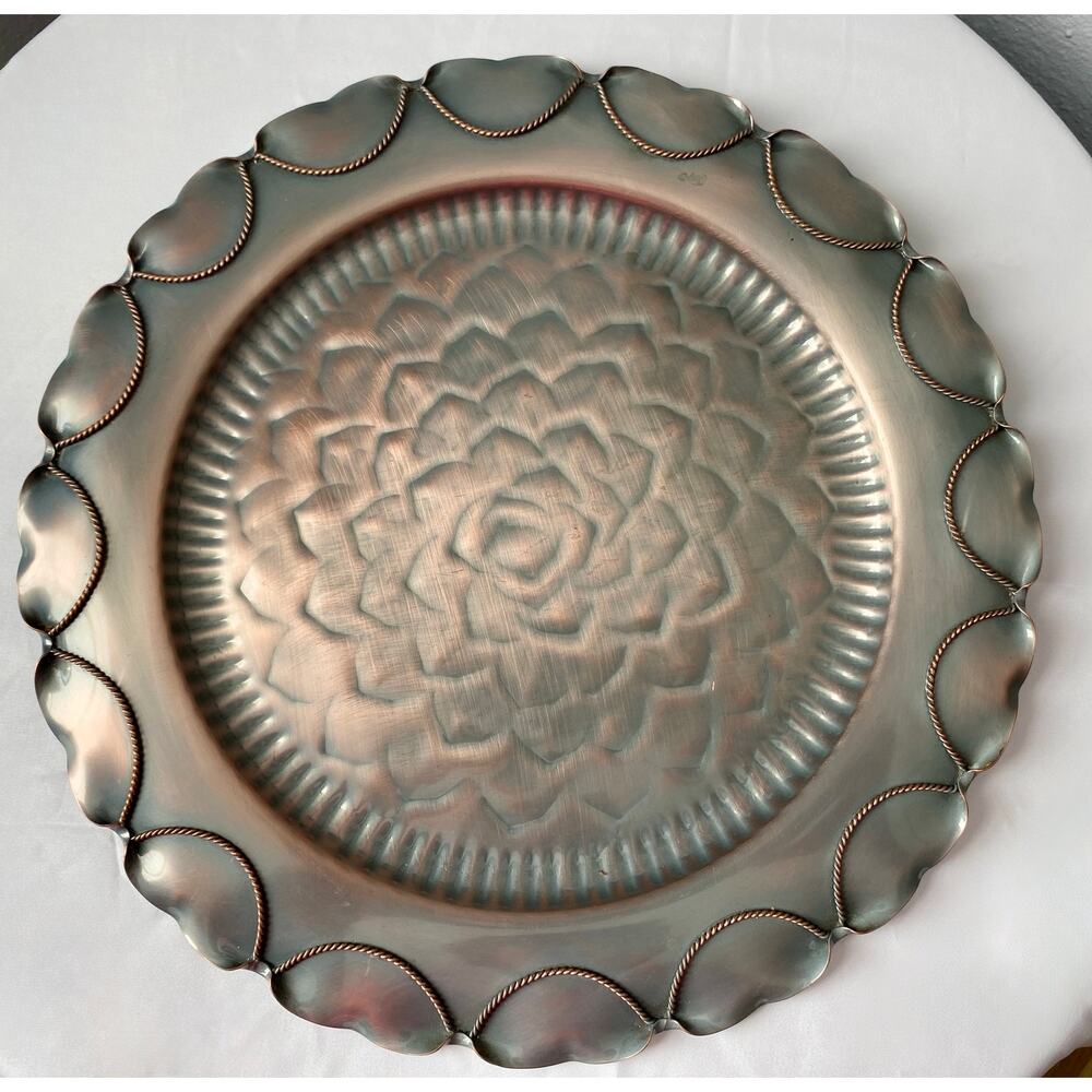 Gregorian Copper Rose Tray 9.75” Hammered Mid Century Rope Edge